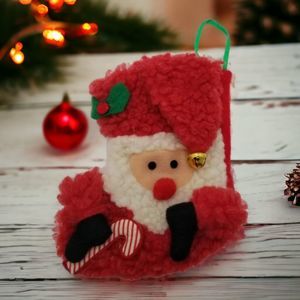 Santa Candy Cane & Jingle Bell Christmas Polyester Stocking Small 6" VTG